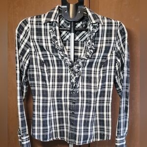 New York & Company Ruffled V-neckline Blouse Sz XS Black & White Plaid W Silver